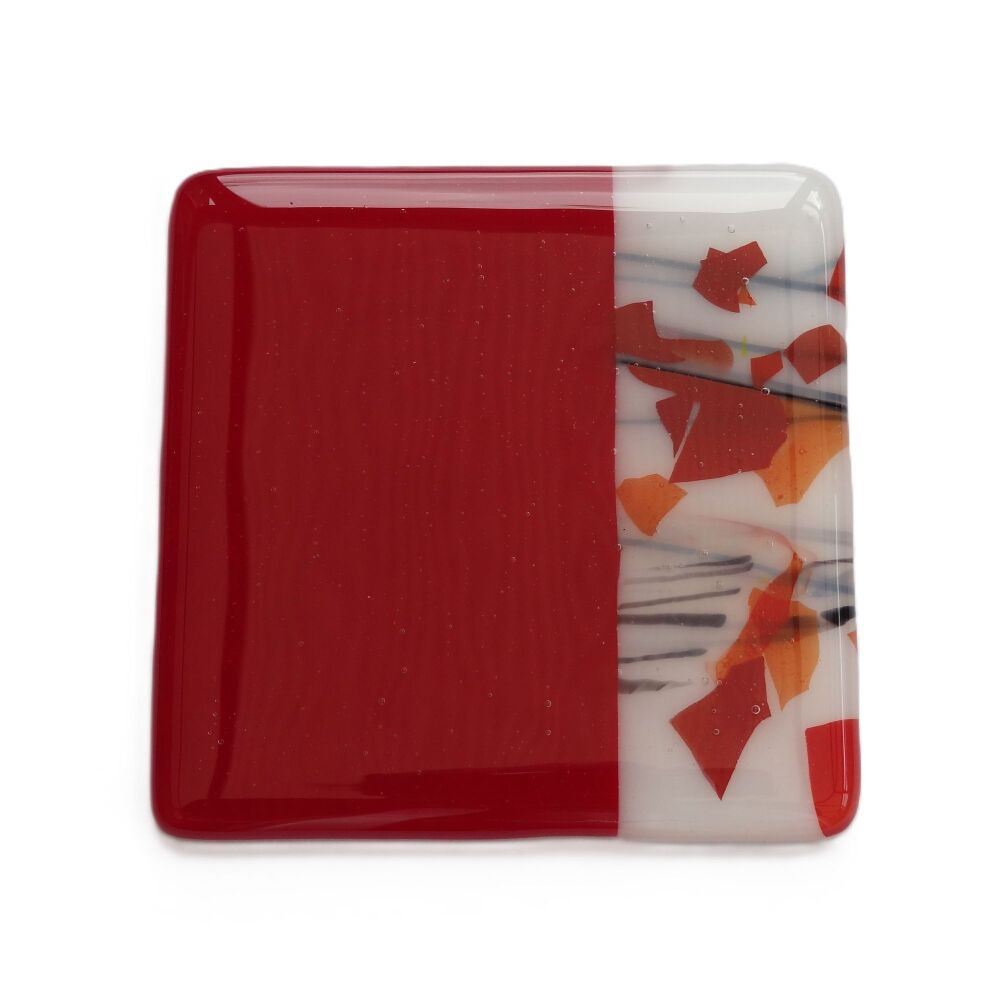 Fused glass red coaster, with bumper feet, handcrafted, 9cm (#0195)