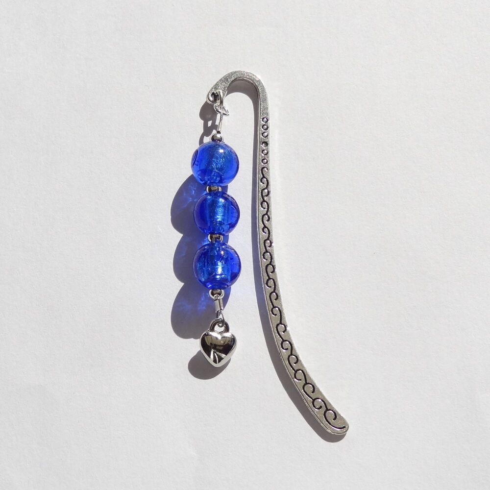 Blue silver foil glass beaded bookmark, with heart charm, in an organza gift bag