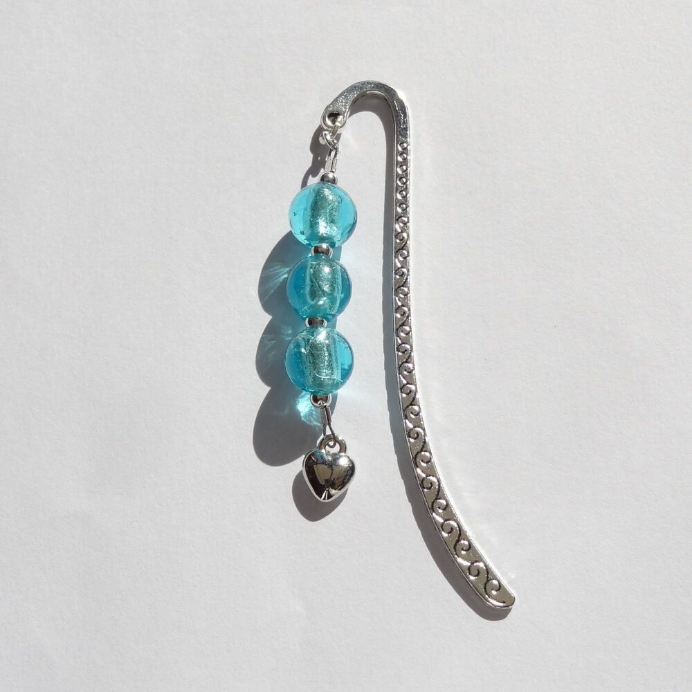 Aqua blue silver foil glass beaded bookmark, with heart charm, in an organza gift bag