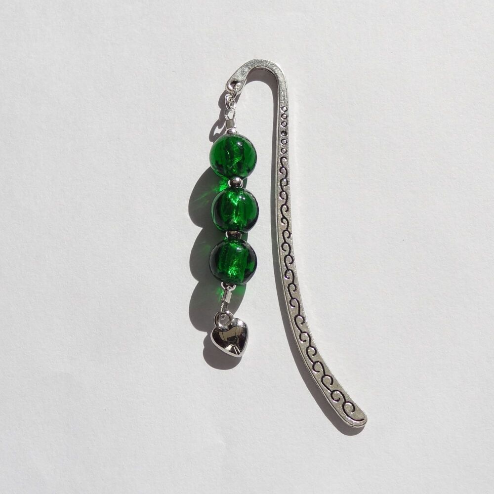 Emerald green silver foil glass beaded bookmark, with heart charm, in an organza gift bag