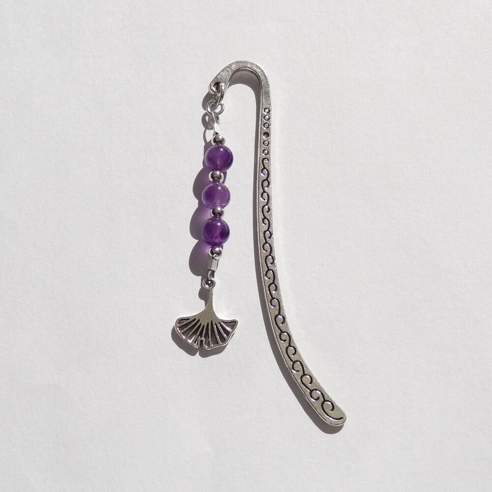 Purple Amethyst natural stone beaded bookmark, with ginkgo charm, in an organza gift bag