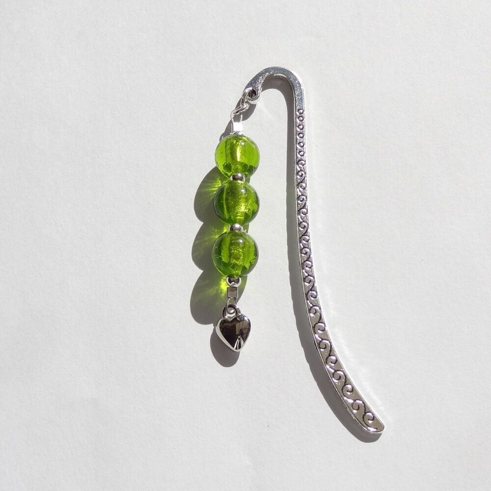Apple green silver foil glass beaded bookmark, with heart charm, in an organza gift bag