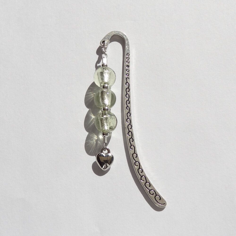 Pale green silver foil glass beaded bookmark, with heart charm, in an organza gift bag