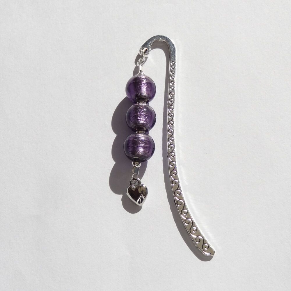 Purple silver foil glass beaded bookmark, with heart charm, in an organza gift bag