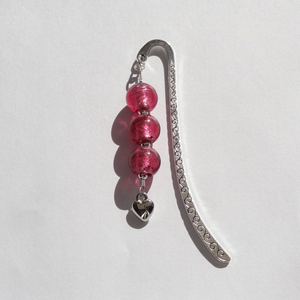 Pink silver foil glass beaded bookmark, with heart charm, in an organza gift bag