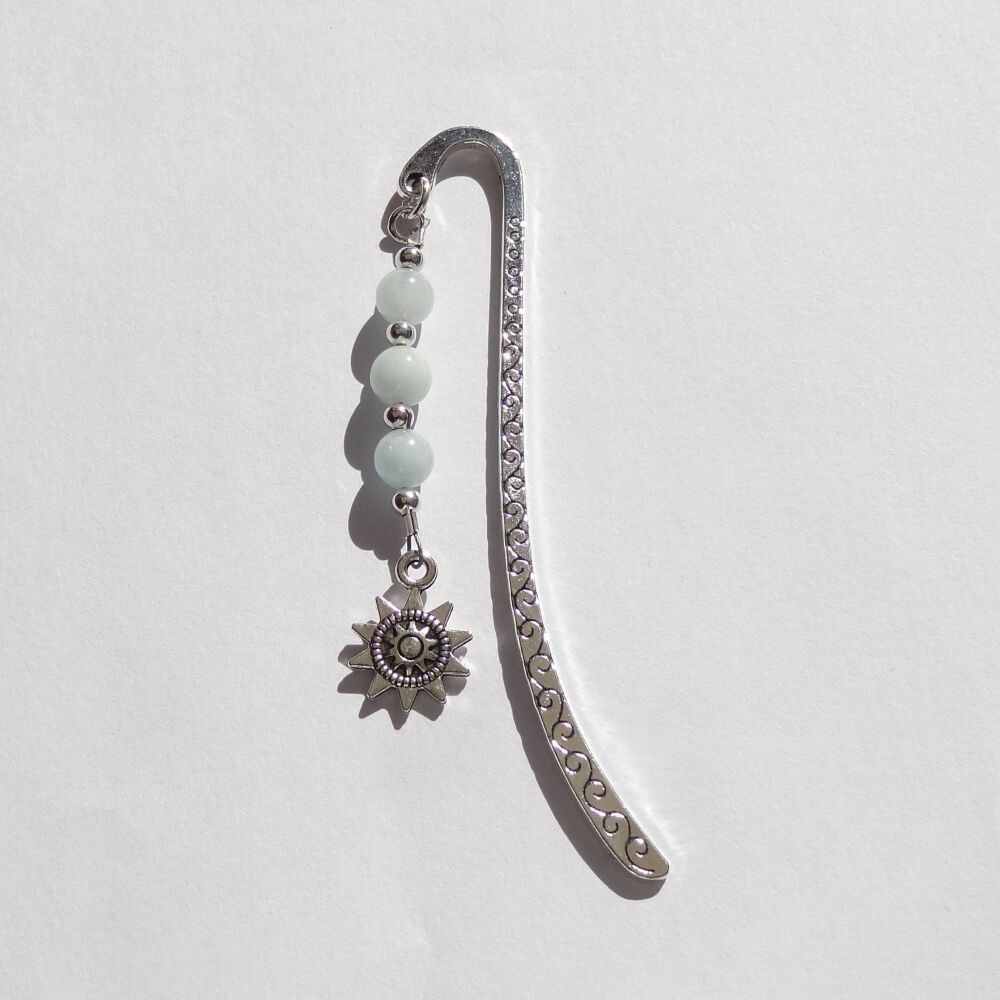 Pale blue Aquamarine natural stone beaded bookmark, with sun charm, in an organza gift bag