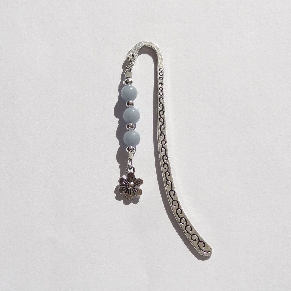 Blue Angelite natural stone beaded bookmark, with daisy charm, in an organza gift bag