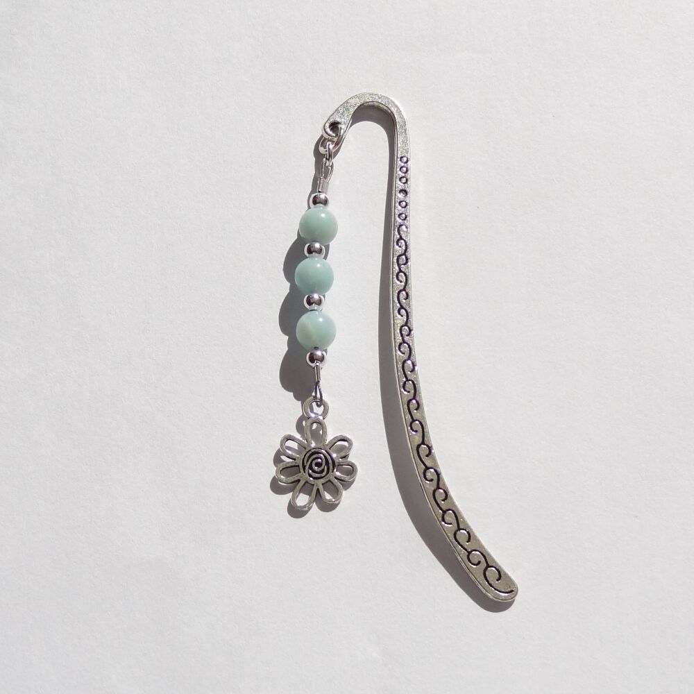 Blue Amazonite natural stone beaded bookmark, with flower charm, in an organza gift bag