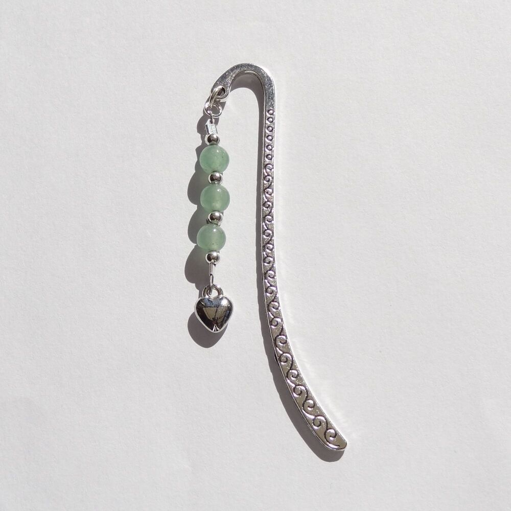 Green Aventurine natural stone beaded bookmark, with puffed heart charm, in an organza gift bag