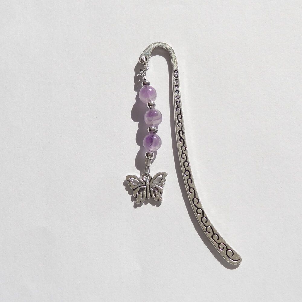 Purple Amethyst Sage Agate natural stone beaded bookmark, with butterfly charm, in an organza gift bag