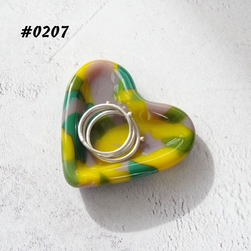 Yellow green grey heart shaped fused glass ring dish, 5cm approx, handcrafted, organza gift bag (0207)