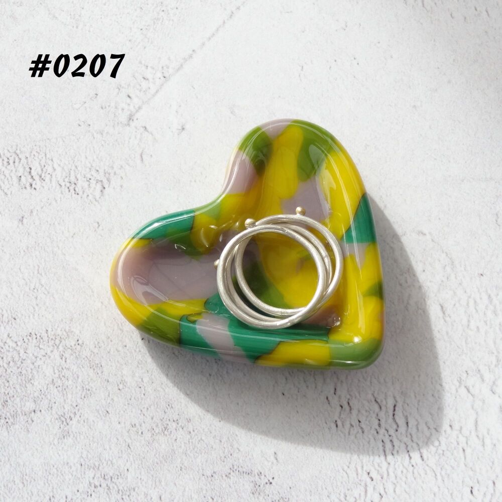 Yellow green grey heart shaped fused glass ring dish, 5cm approx, handcrafted, organza gift bag (0207)