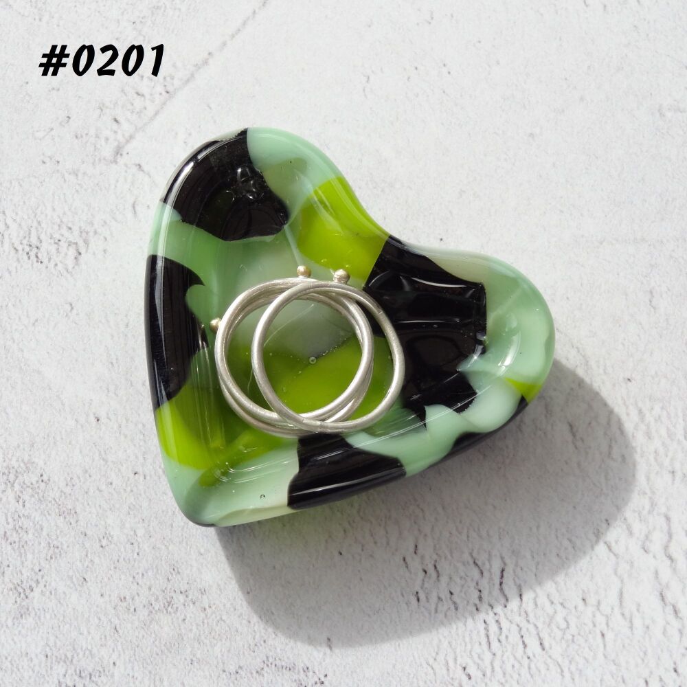 Green & black heart shaped fused glass ring dish, 5cm approx, handcrafted, organza gift bag (0201)