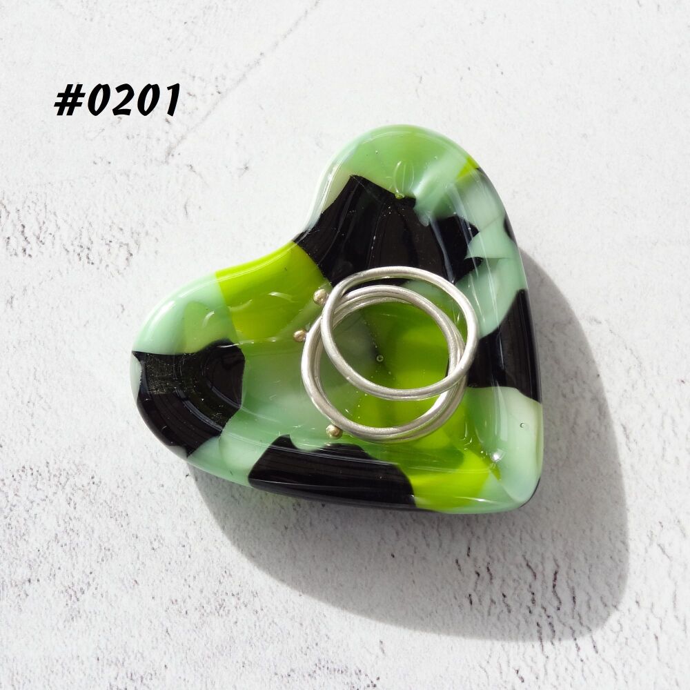 Green & black heart shaped fused glass ring dish, 5cm approx, handcrafted, organza gift bag (0201)