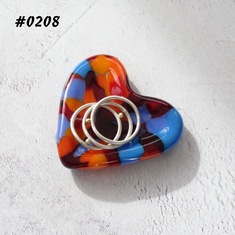 Multi-coloured heart shaped fused glass ring dish, 5cm approx, handcrafted, organza gift bag (0208)