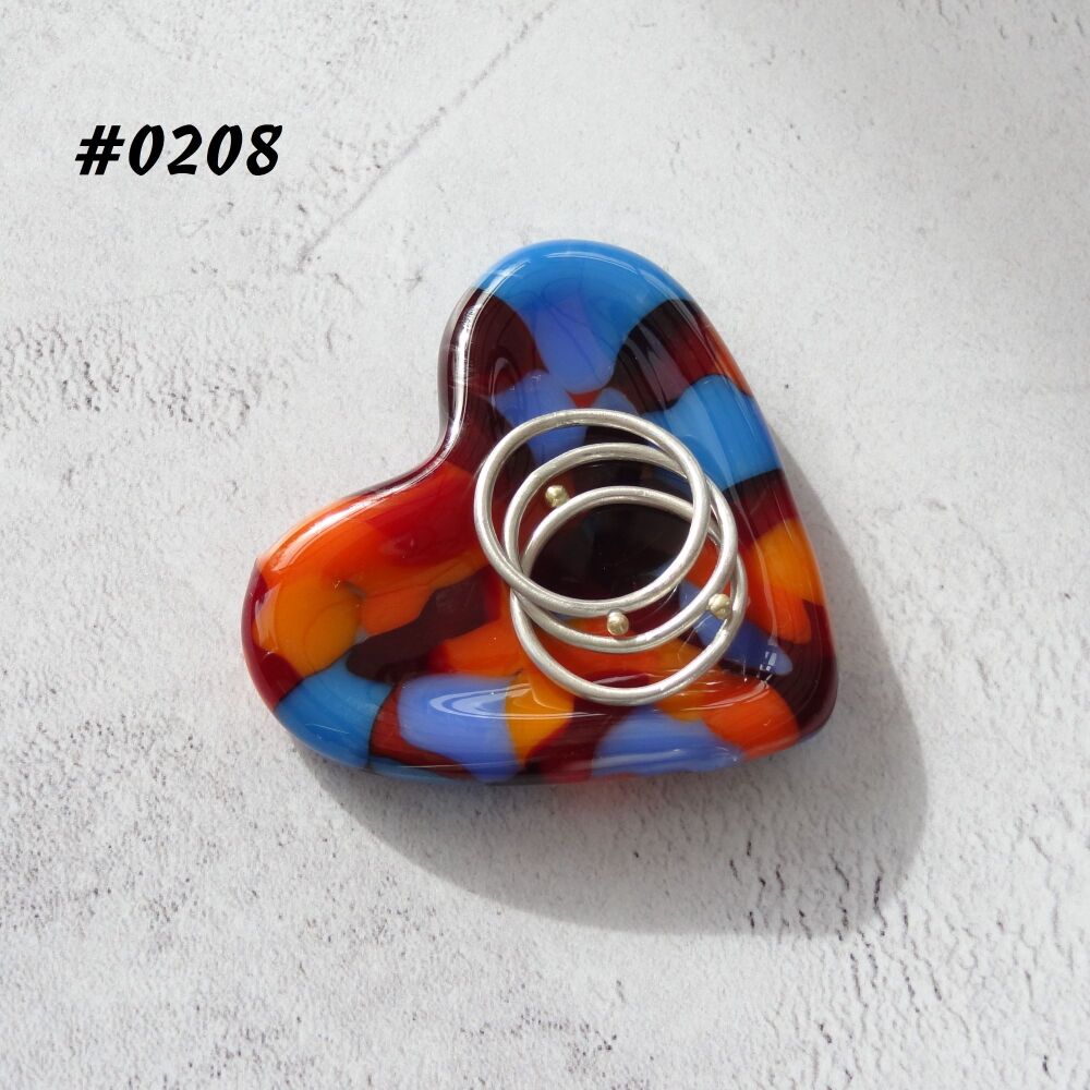 Multi-coloured heart shaped fused glass ring dish, 5cm approx, handcrafted, organza gift bag (0208)