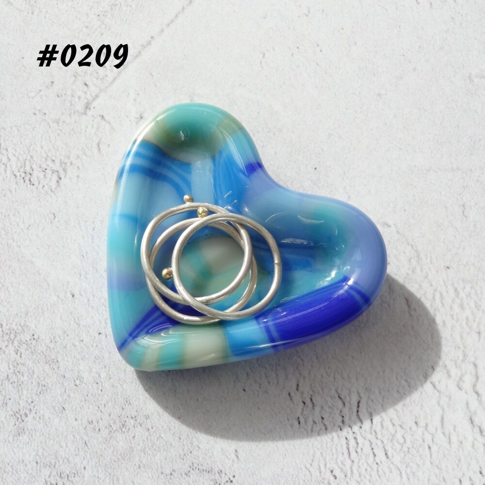 Blue heart shaped fused glass ring dish, 5cm approx, handcrafted, organza gift bag (0209)