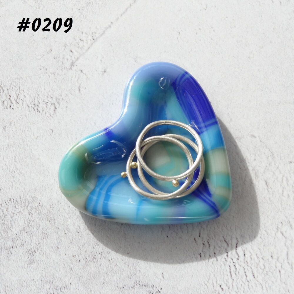 Blue heart shaped fused glass ring dish, 5cm approx, handcrafted, organza gift bag (0209)