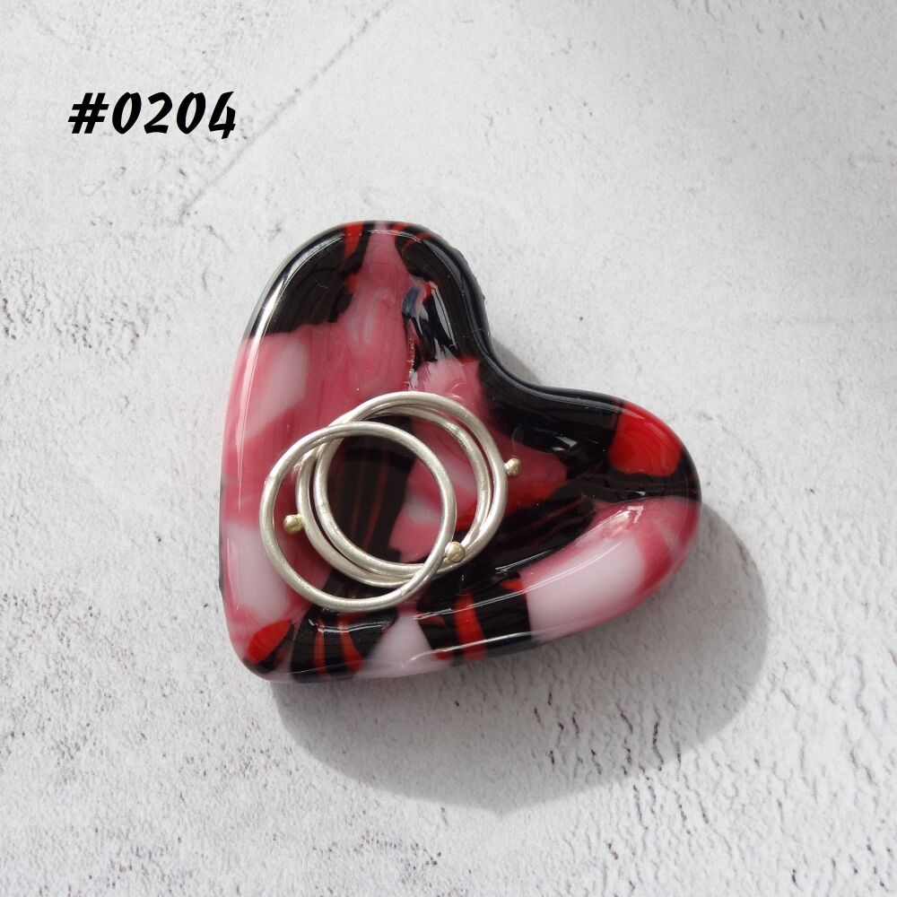 Pink & black heart shaped fused glass ring dish, 5cm approx, handcrafted, organza gift bag (0204)