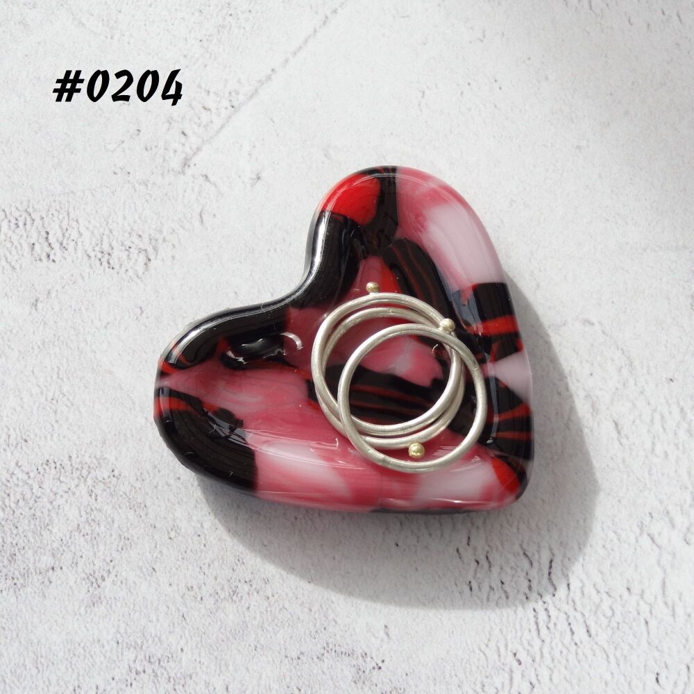 Pink & black heart shaped fused glass ring dish, 5cm approx, handcrafted, organza gift bag (0204)