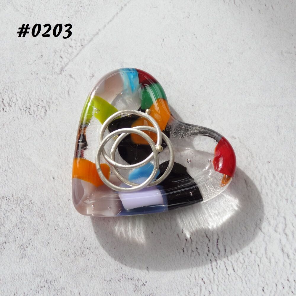 Multi-coloured heart shaped fused glass ring dish, 5cm approx, handcrafted, organza gift bag (0203)