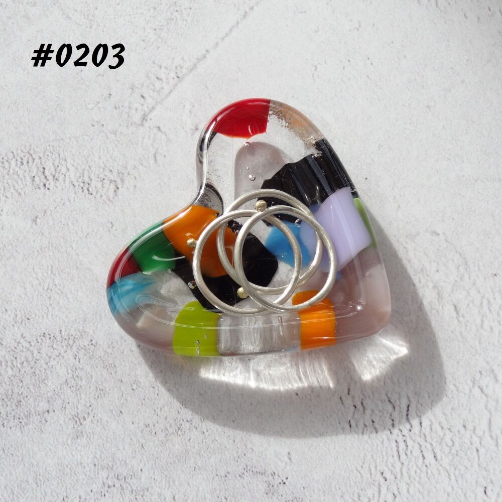 Multi-coloured heart shaped fused glass ring dish, 5cm approx, handcrafted, organza gift bag (0203)