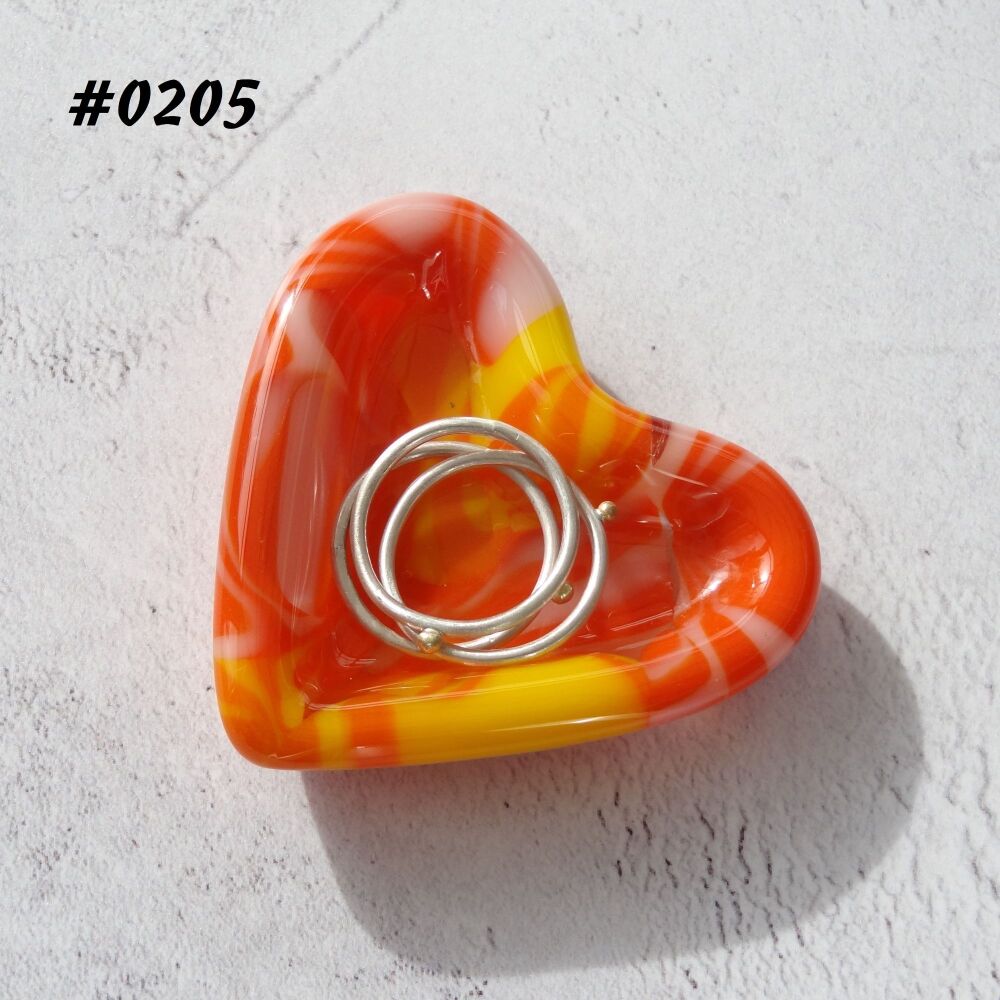 Orange & yellow heart shaped fused glass ring dish, 5cm approx, handcrafted, organza gift bag (0205)