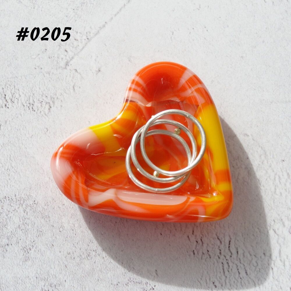Orange & yellow heart shaped fused glass ring dish, 5cm approx, handcrafted, organza gift bag (0205)