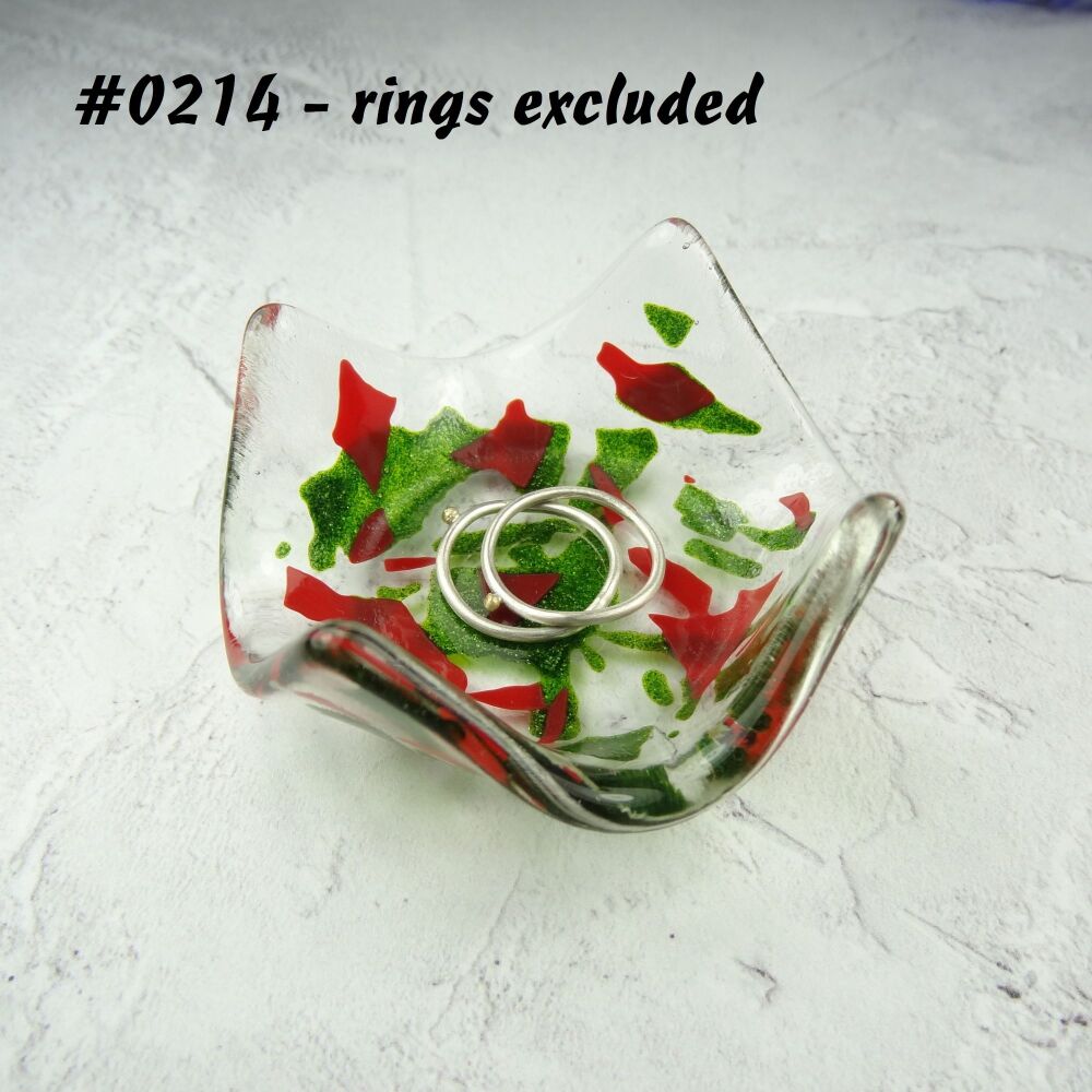 Green and red fused glass ring dish, for rings, earrings, 7cm approx, handcrafted (#0214)