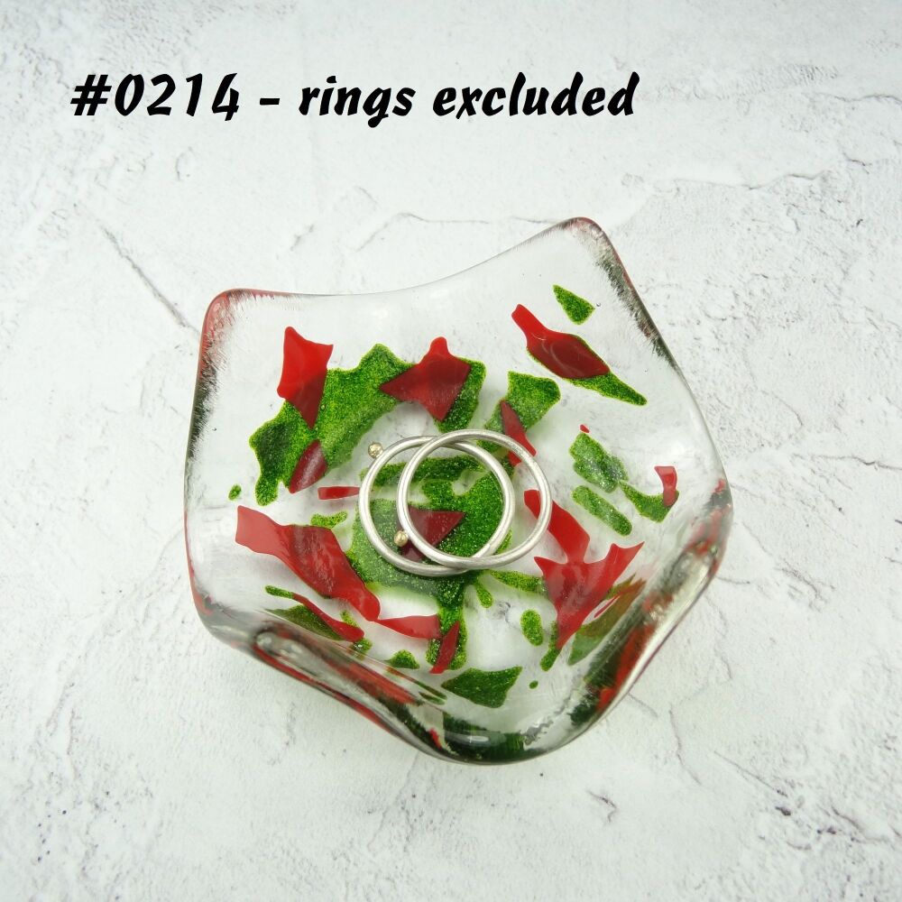 Green and red fused glass ring dish, for rings, earrings, 7cm approx, handcrafted (#0214)
