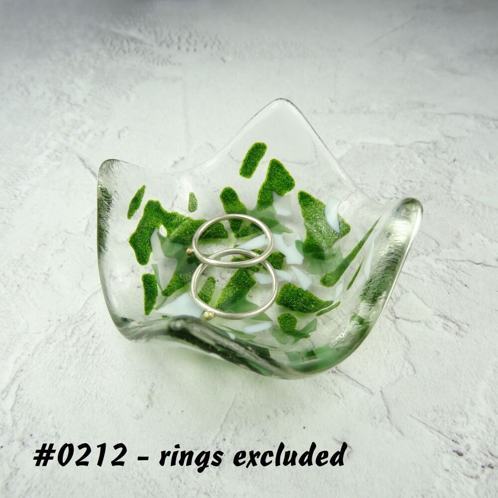Green and white fused glass ring dish, for rings, earrings, 7cm approx, handcrafted (#0212)