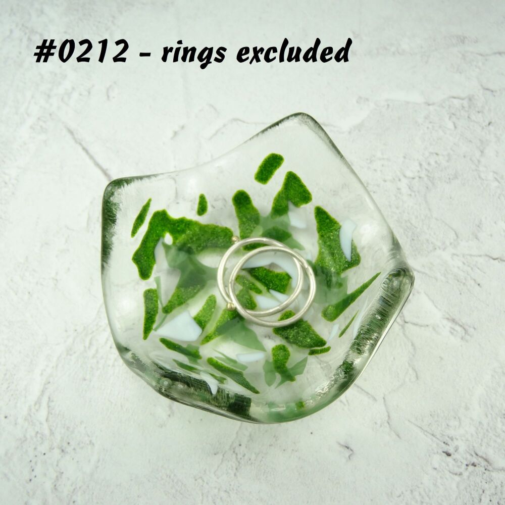 Green and white fused glass ring dish, for rings, earrings, 7cm approx, handcrafted (#0212)