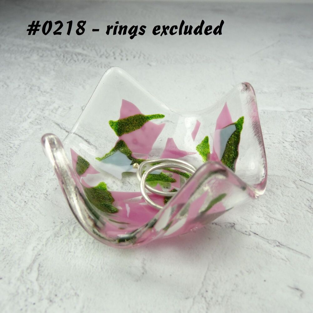Pink, green, white fused glass ring dish, for rings, earrings, 7cm approx, handcrafted (#0218)