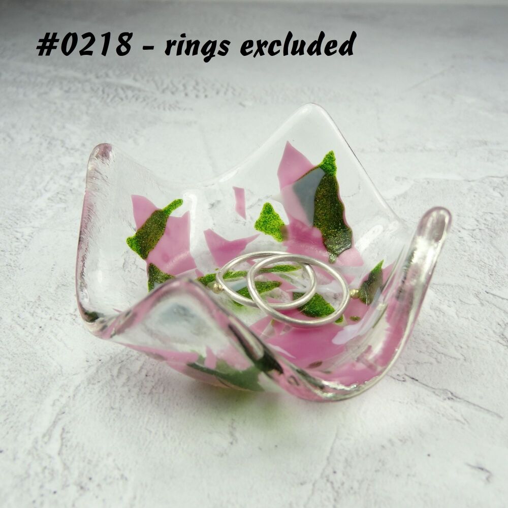 Pink, green, white fused glass ring dish, for rings, earrings, 7cm approx, handcrafted (#0218)
