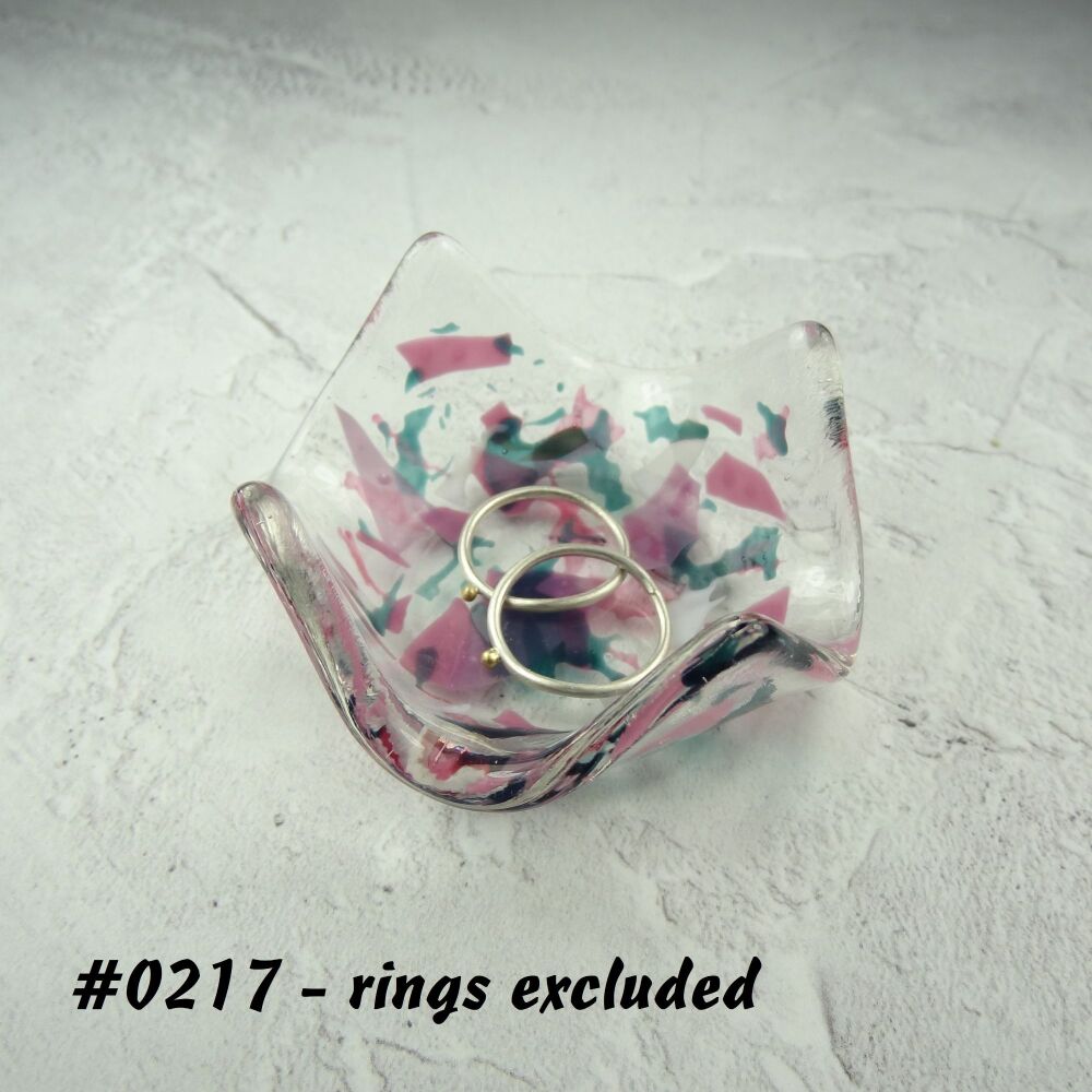 Pink, turquoise, white fused glass ring dish, for rings, earrings, 7cm approx, handcrafted (#0217)