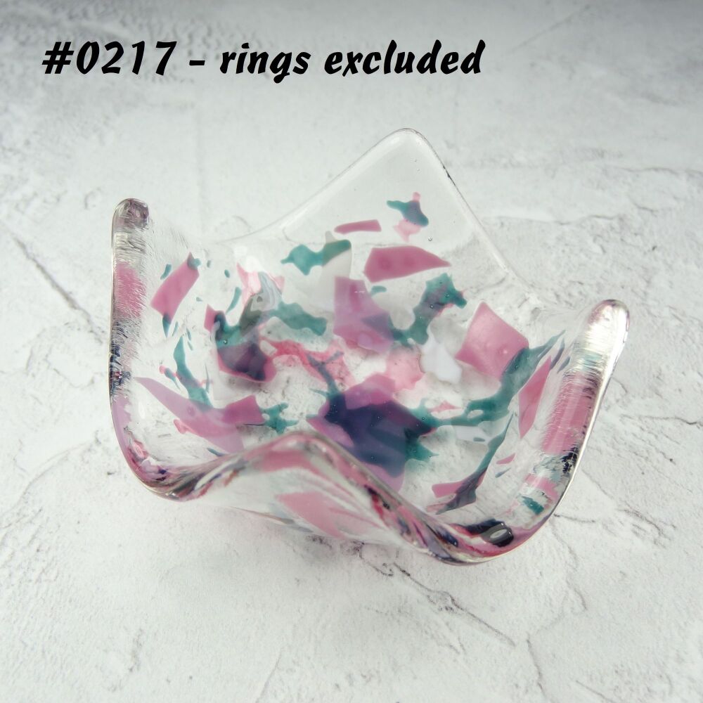 Pink, turquoise, white fused glass ring dish, for rings, earrings, 7cm approx, handcrafted (#0217)