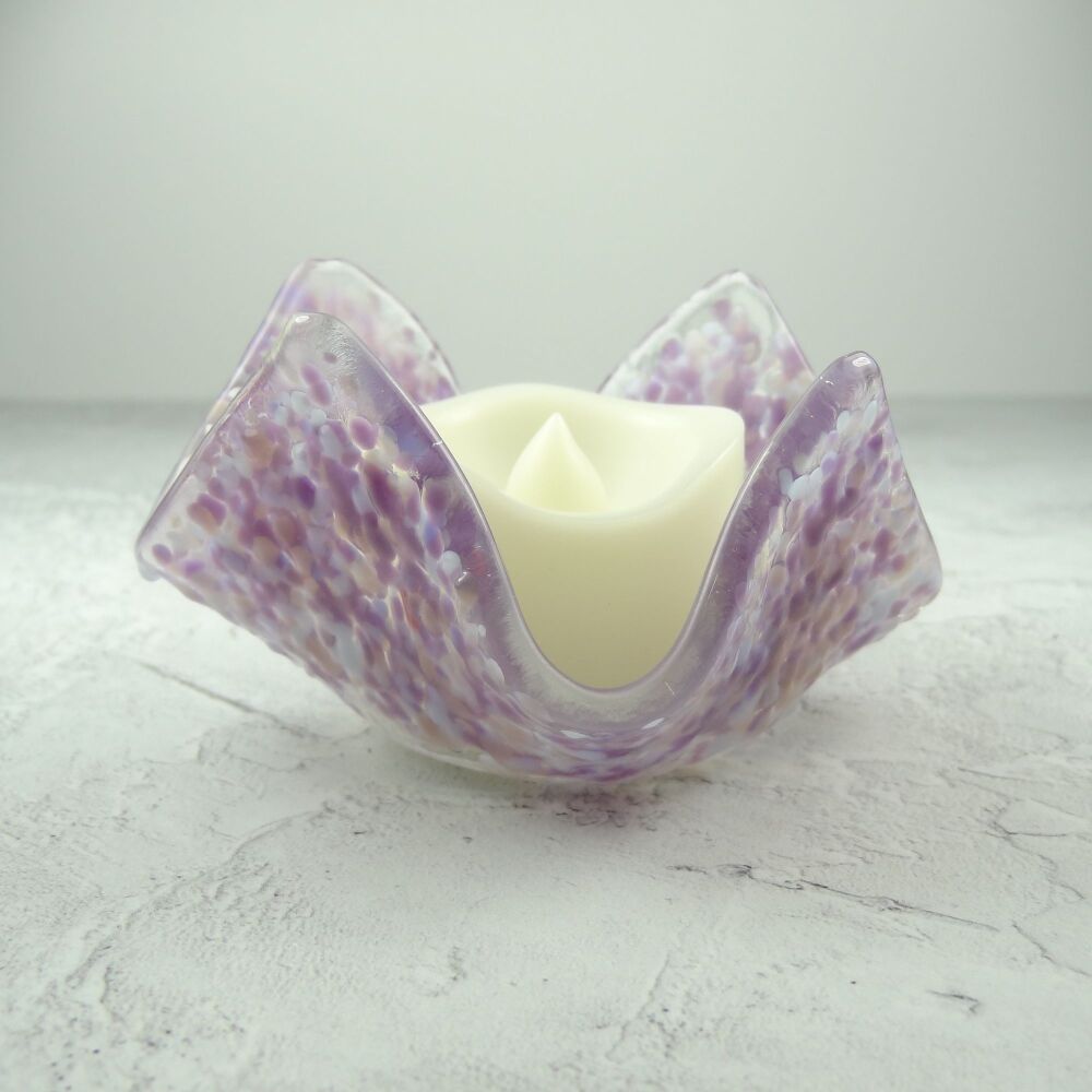 Handcrafted purple speckled textured fused glass tealight/candle holder with LED flickering flame battery candle (0227)