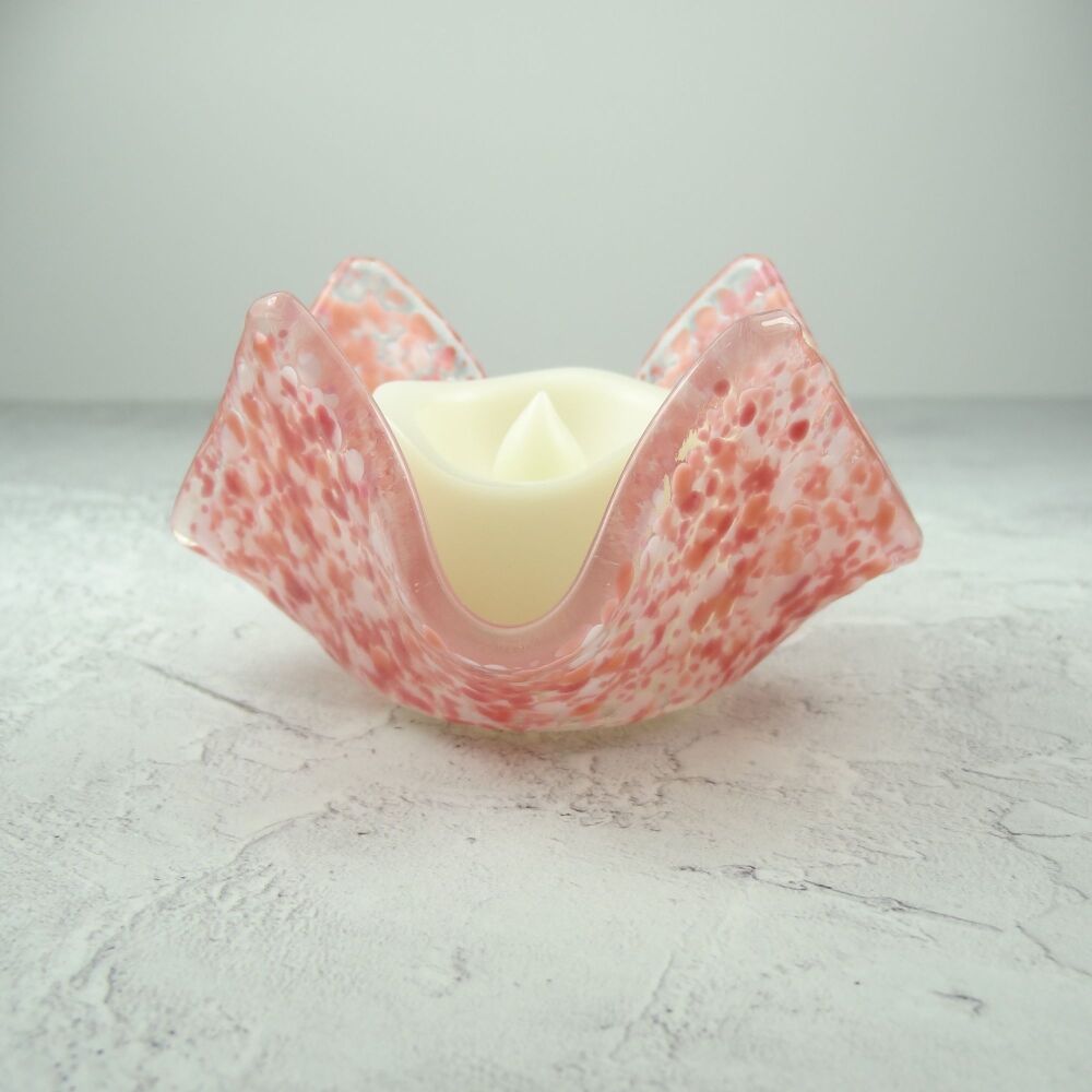 Handcrafted pink speckled textured fused glass tealight/candle holder with LED flickering flame battery candle (0224)