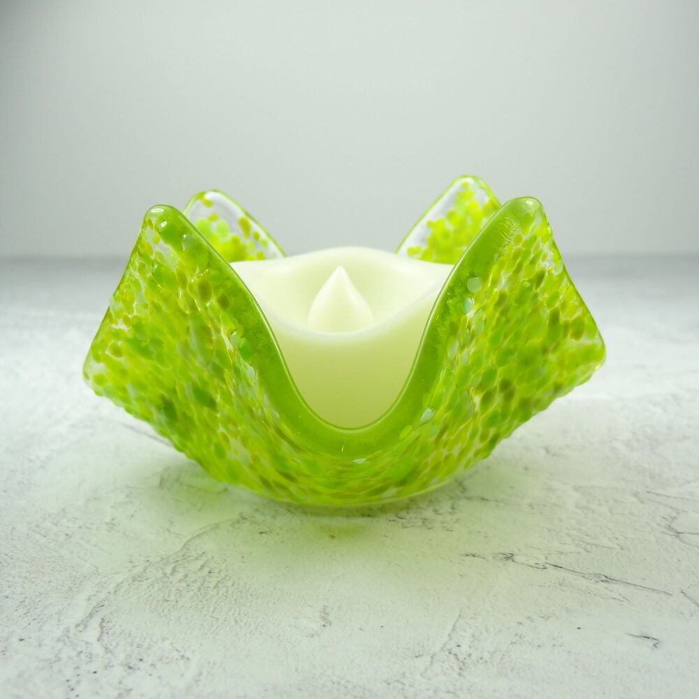 Handcrafted green speckled textured fused glass tealight/candle holder with LED flickering flame battery candle (0226)