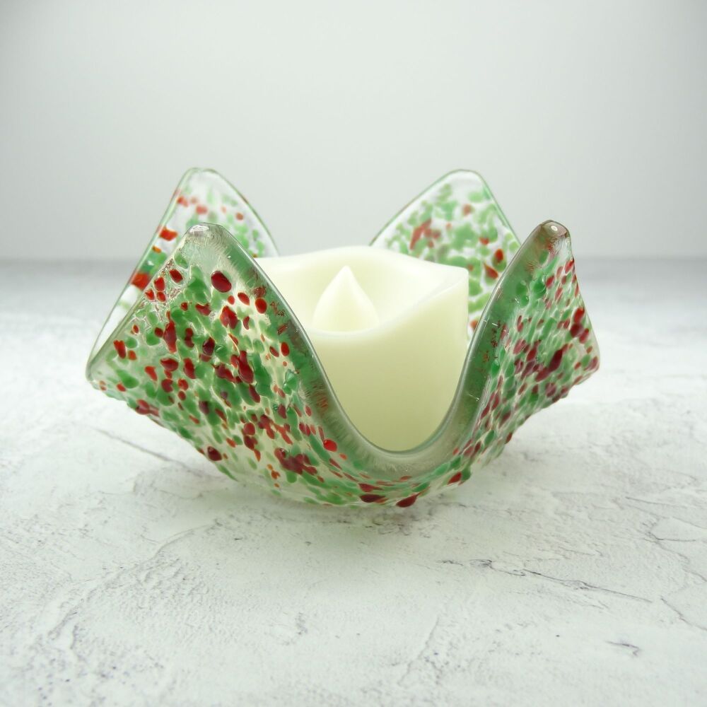 Handcrafted green and red speckled textured fused glass tealight/candle holder with LED flickering flame battery candle (0225)
