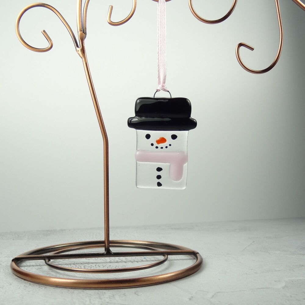 Fused glass snowmen tree decorations — Handmade & festive - 5 x 3cm (clear base, pink belt)