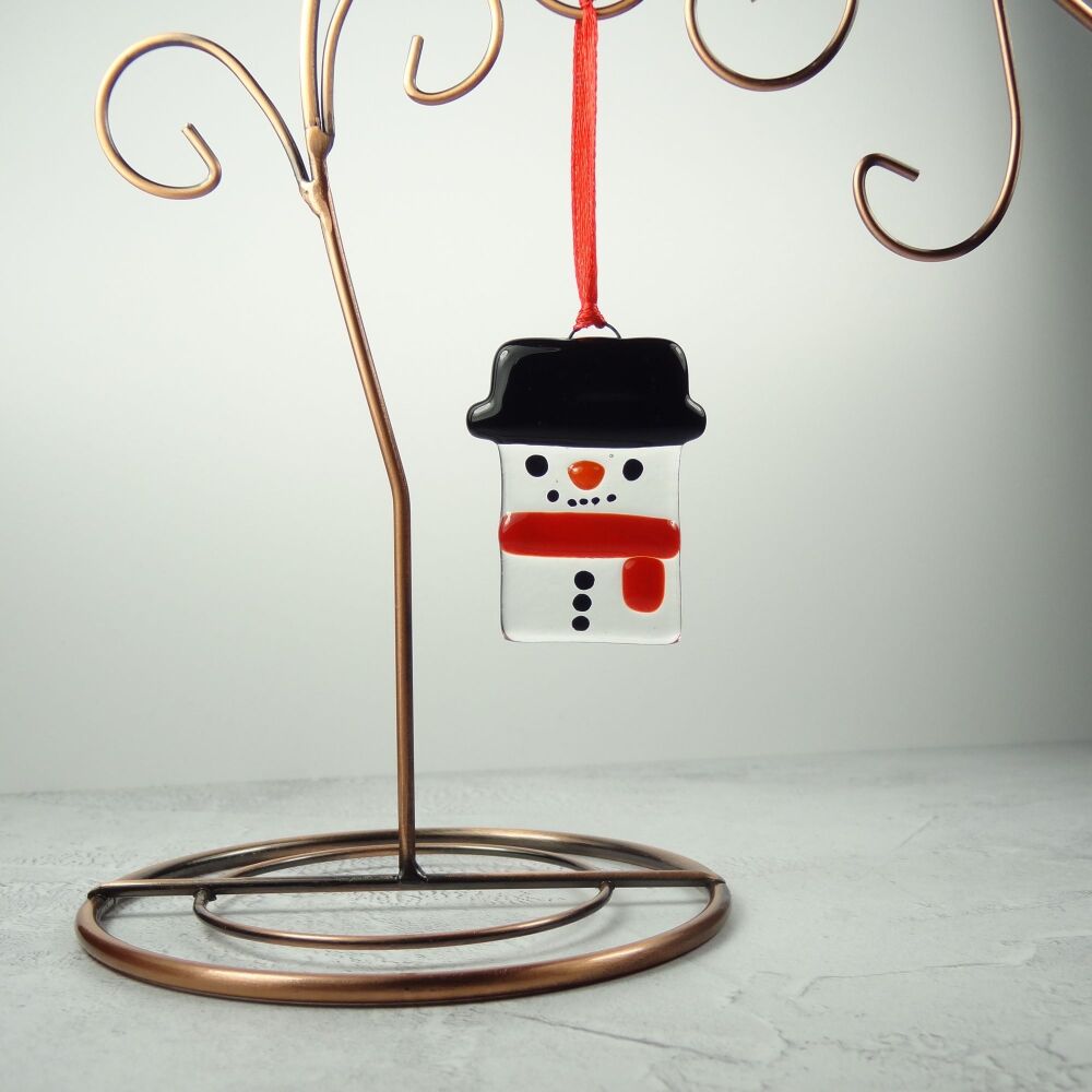 Fused glass snowmen tree decorations — Handmade & festive - 5 x 3cm (clear base, red belt)