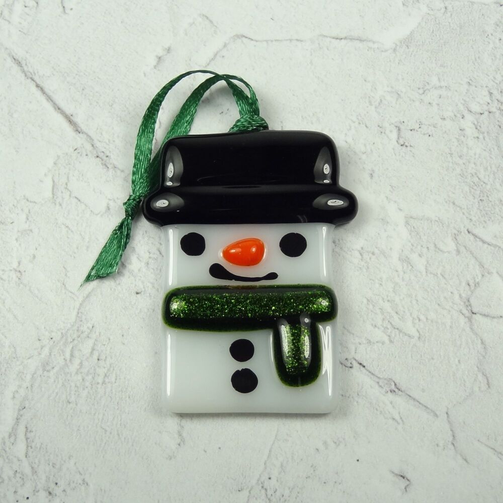Fused glass snowmen tree decorations — Handmade & festive - 5 x 3cm - sparkly green belt