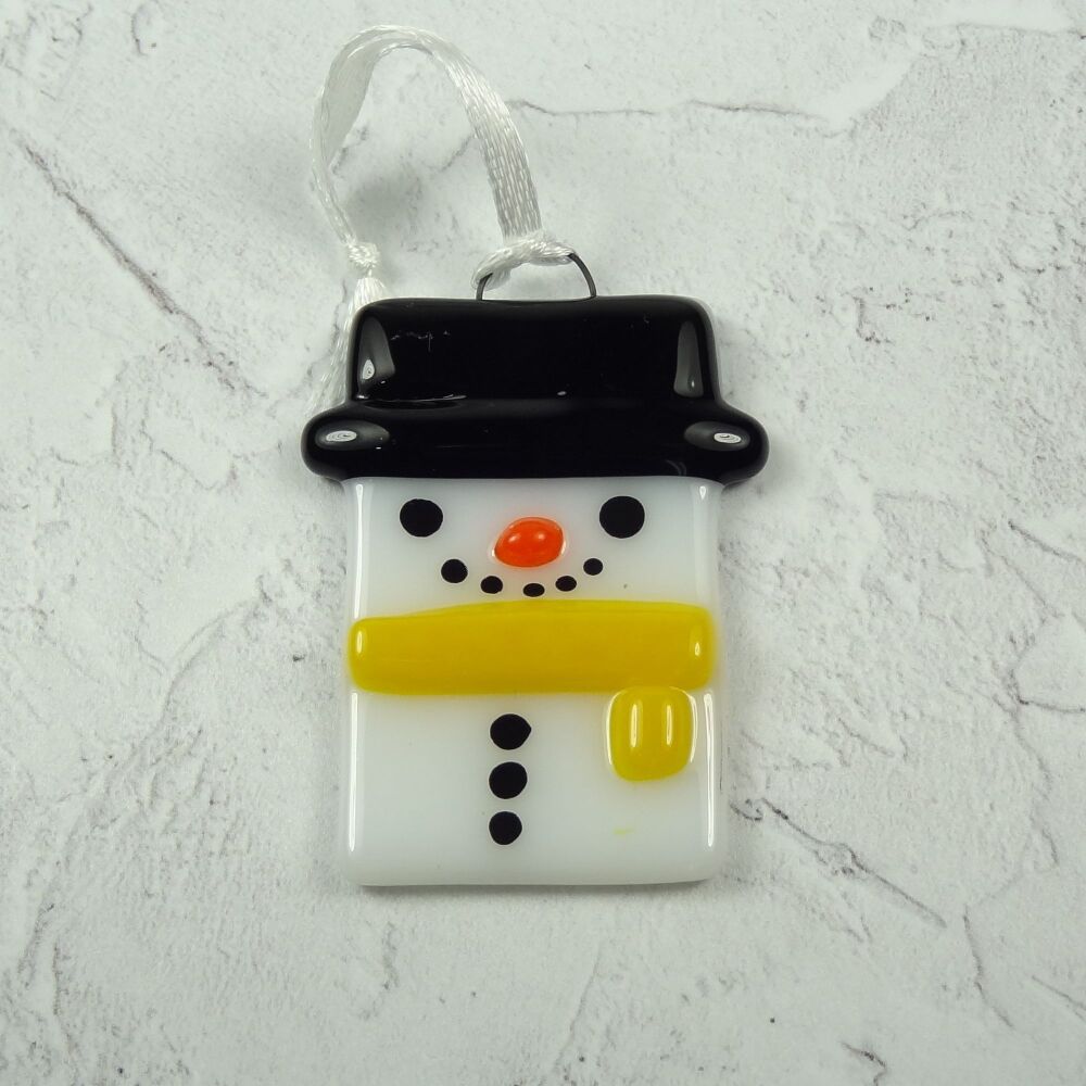 Fused glass snowmen tree decorations — Handmade & festive - 5 x 3cm - yellow belt