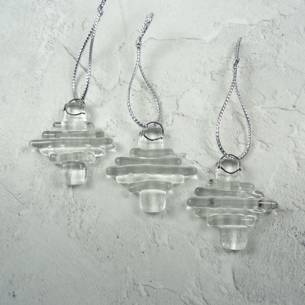 3 x handcrafted elegant on-edge colourless fused glass Christmas ornaments - 4cm x 4cm (+/-)