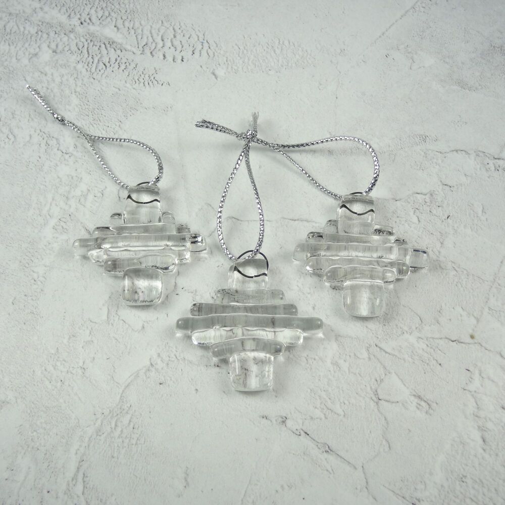 3 x handcrafted elegant on-edge colourless fused glass Christmas ornaments - 4cm x 4cm (+/-)