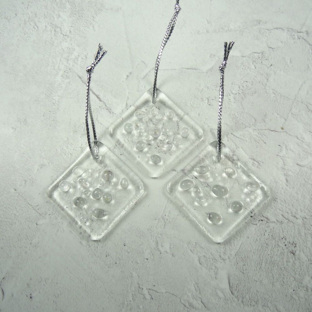 3 x handcrafted elegant colourless fused glass rhombus/diamond shaped Christmas hanging ornaments - 5cm x 5cm (+/-) (L)