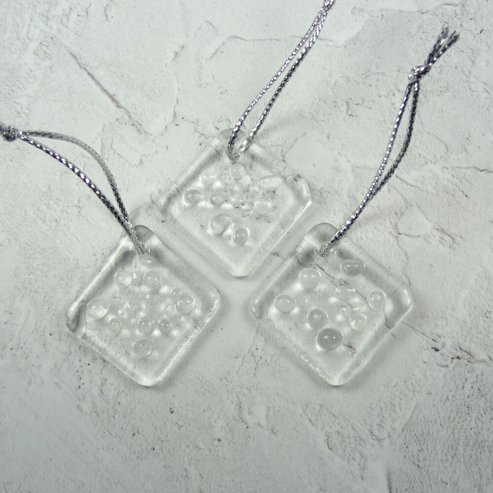 3 x handcrafted elegant colourless fused glass rhombus/diamond shaped Christmas hanging ornaments - 4cm x 4cm (+/-) (S)