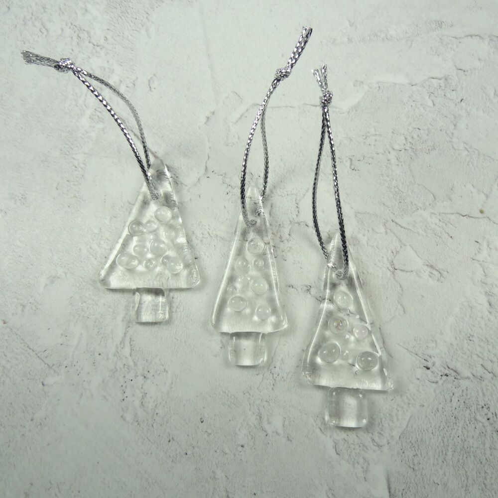 3 x handcrafted colourless fused glass tree shaped Christmas hanging ornaments - 5cm x 3cm (+/-)