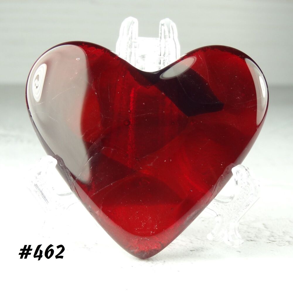 Handcrafted deep red with dichroic fused glass heart with a stand - 5 cm (+/-) heart (#462)
